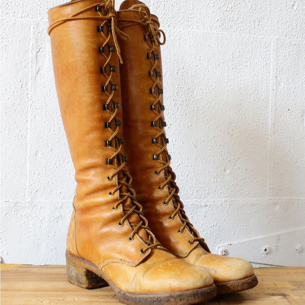 Vintage 1970s Leather Lace Up Knee High Zodiac Campus Boots US Size 7